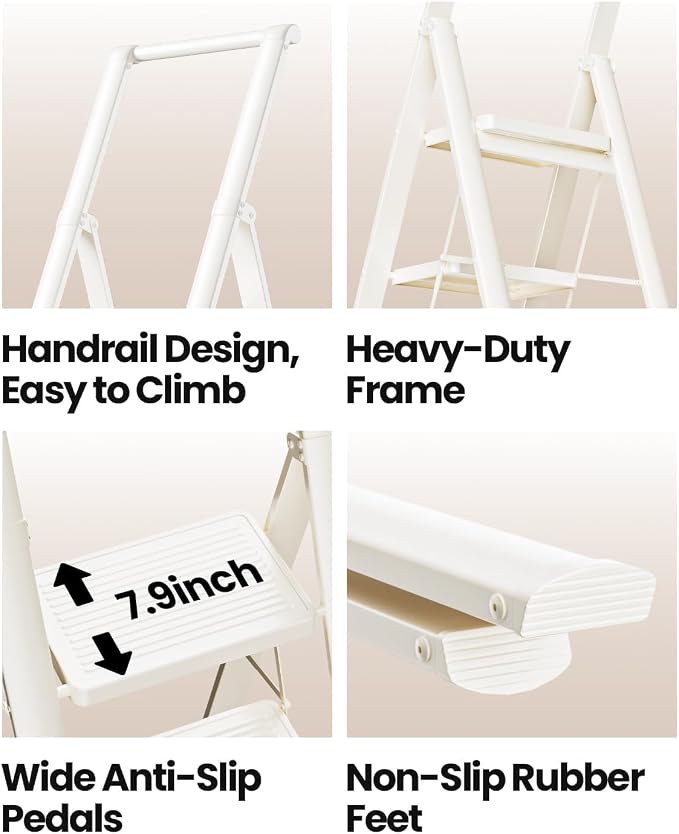 5 Step Ladder, Folding Step Stool, Lightweight Stepladder, White | Reach 10ft;Anti-Slip 7.9'' Wide Pedal;Portable Handrail;Space-Saving;For Kitchen, Home, Library, Office Use;300lbs Capacity