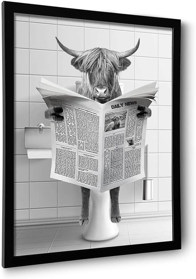 Ardakar Framed Highland Cow Wall Art, Bathroom Decor Wall Art, Vintage Black and White Wall Decor, Funny Bathroom Decoration Signs, Humor Animals Artwork, Cute Canvas Print Ready to Hang (Framed,16''x20'')