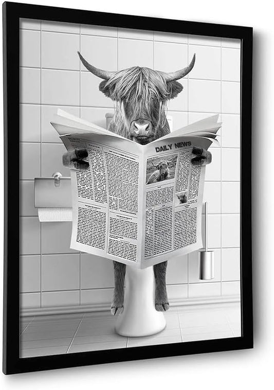 Ardakar Framed Bathroom Decor, Highland Cow Wall Art in Picture Frame, Funny Bathroom Wall Art Signs, Black and White Canvas Print Ready to Hang (Framed,11''x14'')