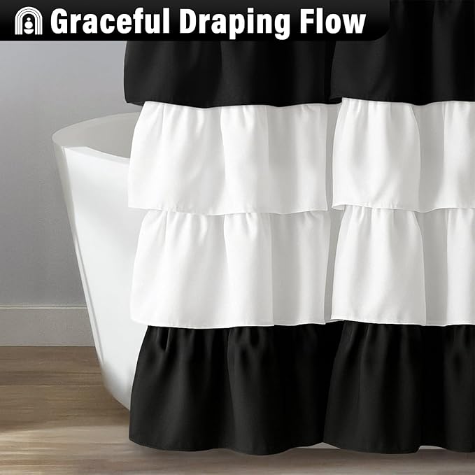 Seasonwood Ruffle Shower Curtain Black and White Shower Curtain, 72" x 72" | Cascading full-length fabric tiers, soft dimensional texture, vintage shabby chic styling for decorative bathroom updates