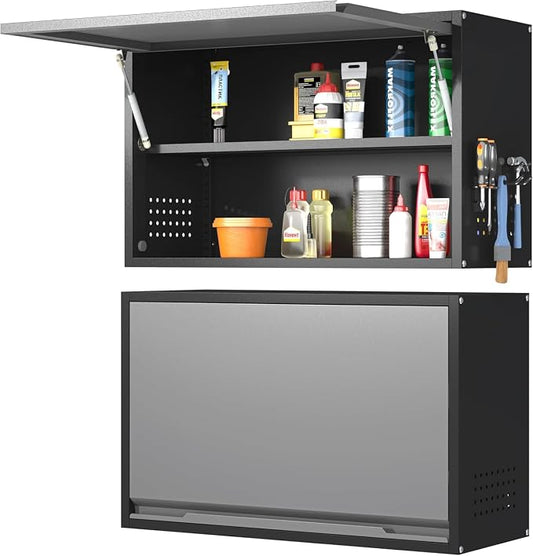 Garage Wall Cabinet, 19.7" H Metal Wall Cabinet with Up-Flip Door | Wall Mounted Metal Storage Cabinet, Upper Cabinet for Kitchen,Garage,Workshop,Warehouse, Assembly Required, Gray