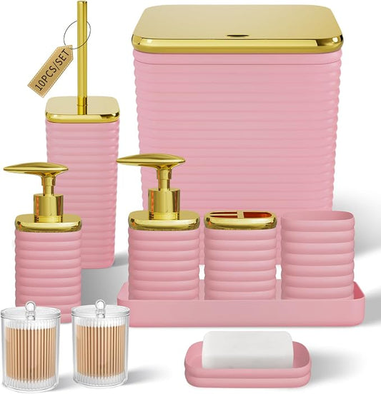 Bathroom Set - 10PC Bathroom Accessory Set, Pink Bathroom Set, Luxury Bathroom Accessories Set, Trash Can, Toilet Brush, Soap Dish, Qtip Holder & Soap Dispenser