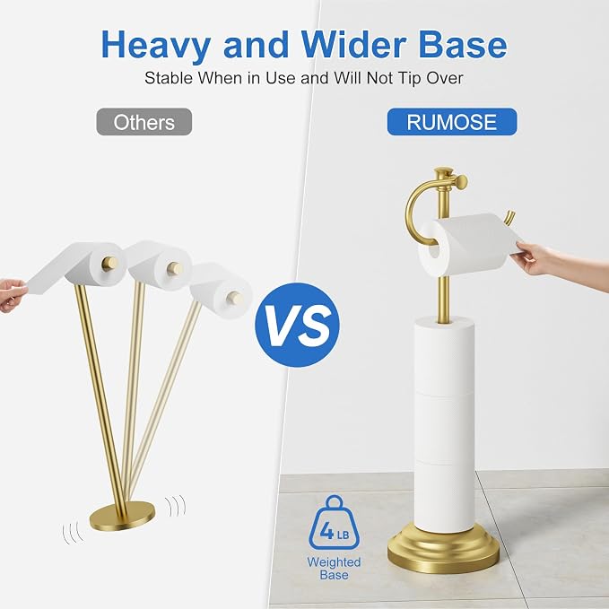 RUMOSE Toilet Paper Holder Stand for Floor Free Standing, Gold | Bathroom Freestanding Toilet Tissue Roll Holder with Storage, Adjustable 17-25 Inch, Rustproof, SUS304 Stainless Steel