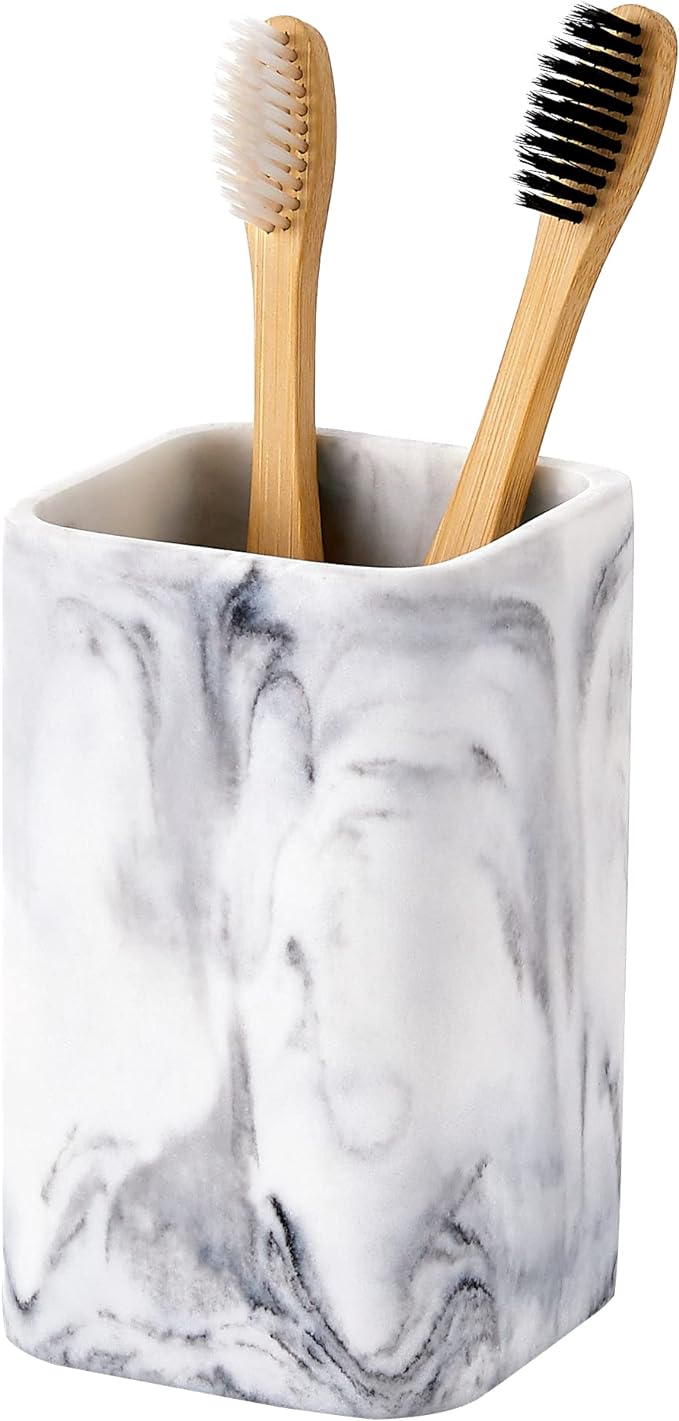 Toothbrush Holder for Bathrooms, White Marble Look Toothpaste and Makeup Holder, Brushes and Razors Holder, Vanity Bathroom Countertop Organizer, Toothbrush Cup