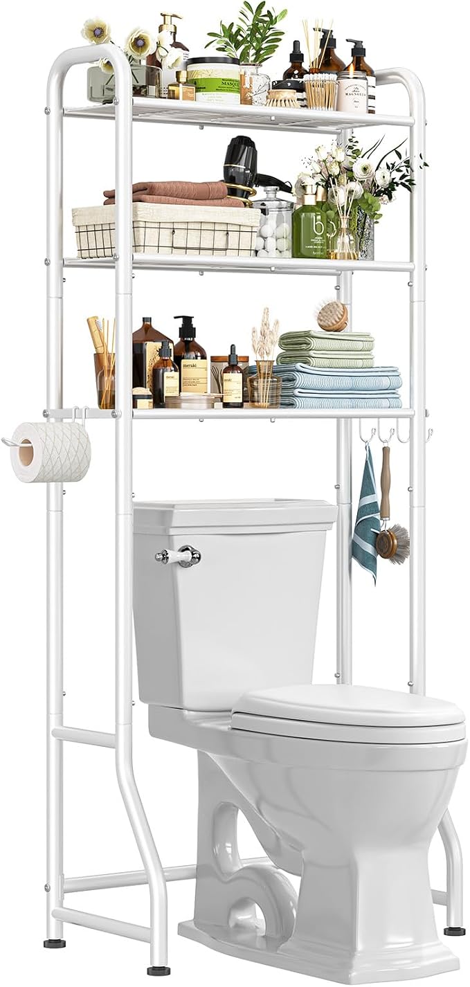 Simple Trending Over The Toilet Storage Rack, Metal 3 Tier Bathroom Organizer Shelf with Paper Holder and 3 Hooks, Freestanding Shelf Space Saver Above Toilet, White