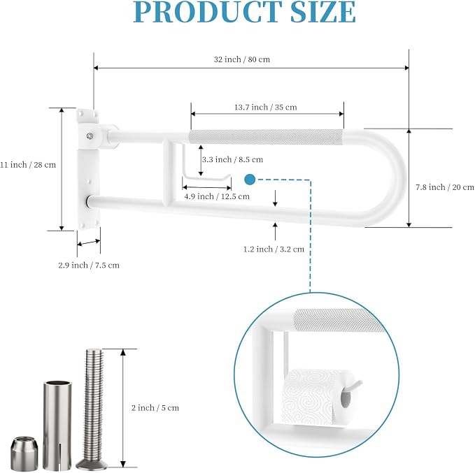 32 Inch U Shaped Toilet Grab Bars, Munzong White Flip-Up Support Rail | Anti-Slip Bathroom Grab Bar with Paper Holder Stainless Steel Knurled Handicap Safety handrails for Elderly Disabled