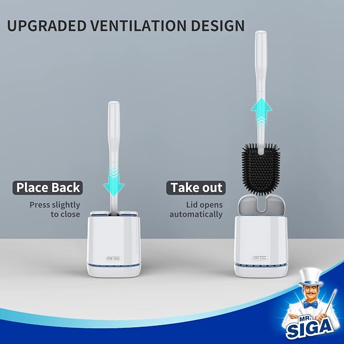 MR.SIGA Toilet Bowl Brush and Holder, Wall Mounted Toilet Brush, White | Automatic lid design, sturdy handle, upgraded ventilation, flat rubber head dries quickly