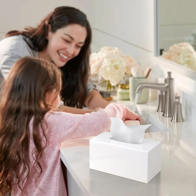 Glossy White Rectangle Upgrade Size Acrylic Tissue Box Cover | Handmade Facial Napkin Dispenser Holder for Bathroom Kitchen Bedroom Office (9.85"L x 5.1"W x 5.3"H)