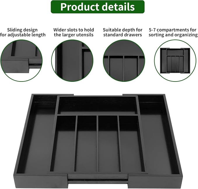 VaeFae Bamboo Drawer Organizer, Medium, Black | Wooden Utensil Holder for Forks Knives, 38 cm D x 29.2-45.7 cm W, 5-7 Slots, Black