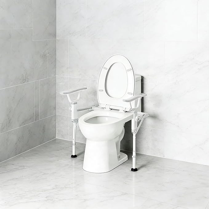 Folding Toilet Safety Rails - Adjustable Bathroom Support Frame with Foldable Arms for Elderly, Seniors, Post-Surgery Recovery, and Pregnant Women - Tool-Free Installation, Sturdy Grab Bar