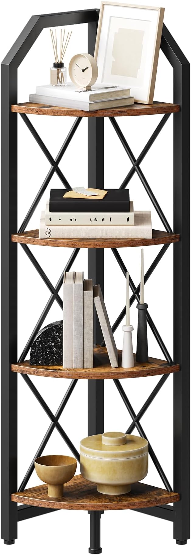 47.6" Corner Shelf, 4-Tier Industrial Corner Bookshelf, Corner Storage Stand, Corner Bookcase for Bedroom, Living Room, Home Office, Rustic Brown and Black TCJ09BF