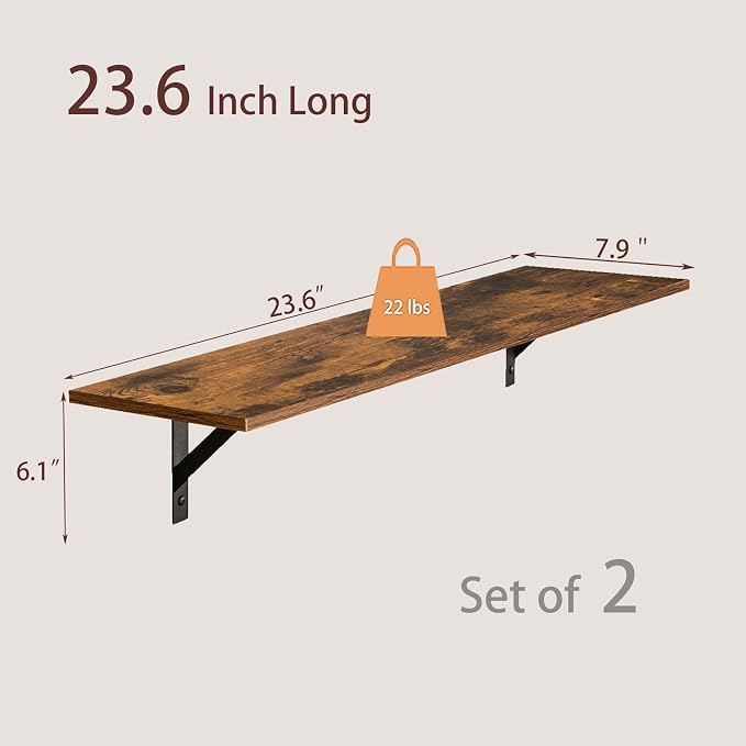 Wall Shelves, 23.6" Long Floating Shelves with Metal Brackets | Wall Mount Book Shelf, Set of 2, Easy Assembly, Max Load 22lbs, Wooden Storage Ledges, Bedroom/Bathroom/Kitchen, Rustic Brown
