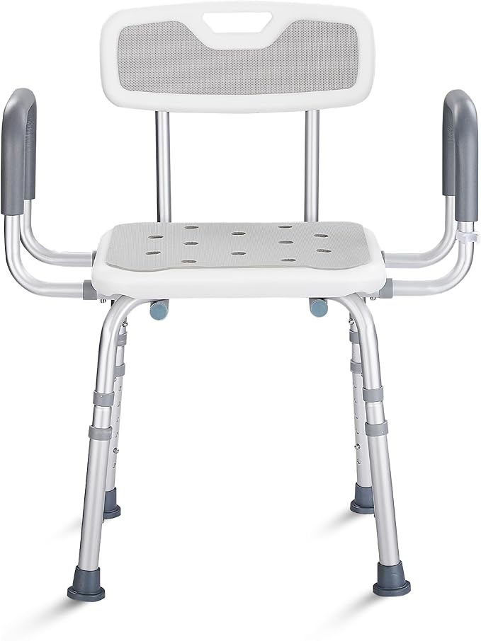 Shower Chair with Back and Arms, 330 lb Capacity | Height Adjustable, Padded Armrests, Non-Slip Seat, For Seniors, Elderly and Disabled Users
