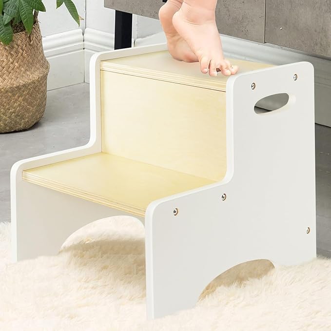Kids Step Stool for Toddler, Wooden White-Natural Patchwork Two Step Children's Stools with Handles, Bonus Non-Slip Pads for Safety, Bathroom Potty Stool & Kitchen Step Stools Dual Height