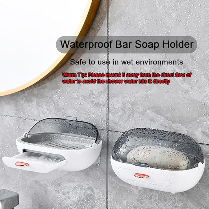 1Pc Shower Soap Dish Holder with Lid, Bar Soap Container with Drain | Wall Mounted Soap Box Container for Shower, Bathroom, Bathtub, Kitchen Sink, Adhesive Included