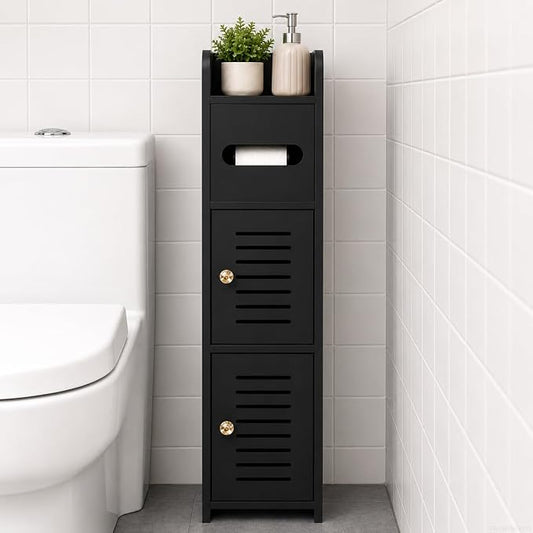Toilet Paper Holder Stand, Small Bathroom Storage Cabinet with Doors and Toilet Paper Storage, Slim Floor Standing Shelf for Small Spaces,Toilet Storage Cabinet for Bathroom,Black