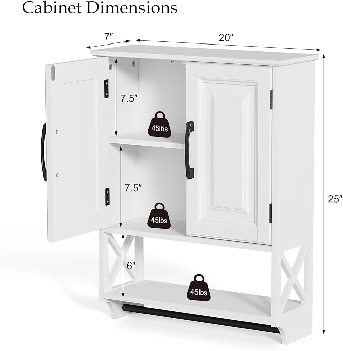 20" x 25" Bathroom Wall Cabinet with Towel Bar, White Painted Wall Mounted Storage Cabinet with Adjustable Shelf, Over The Toilet Medicine Cabinet, Wood Wall Cabinet for Bathroom Laundry Room