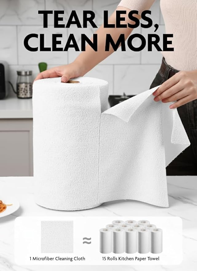 Fantasticlean Microfiber Cleaning Cloth Rolls-675 Sheets (9 Rolls of White) | 12'' by 12'', Super Absorbent, Lint-free, Tear-away Microfiber Towel Roll, for All-Purpose Cleaning