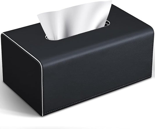 Tissue Box Cover, PU Leather Rectangular Tissue Box Holder with Magnetic Bottom Cover for Facial Tissues/Napkins, Office & Living Room Decor Box for Standard 120-count (3-Ply) 160-count (2-Ply) Black