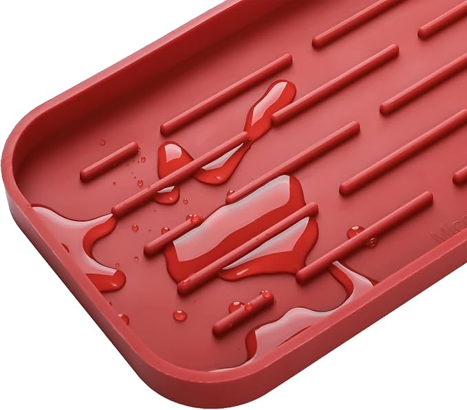 MicoYang Silicone Kitchen Sink Organizer Tray for Multiple Usage,Eco-Friendly Sponges Holder for Kitchen Bathroom Counter or Sink,Dish Soap Dispenser,Scrubber,Bottle,Cup (Red, 10"×5.3")