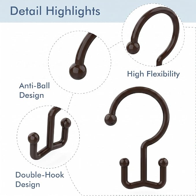 Bathway Brown Shower Curtain Hooks, 12 Plastic Double Shower Curtain Rings | Hang Both Shower Curtain & Liner, Waterproof, Rust-proof, Sturdy, Durable, Flexible, Multifunctional, Universal, Easy to Use