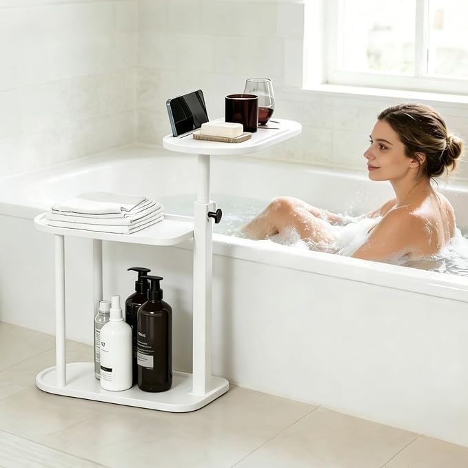 3 Layer Bathtub Tray Table,Bamboo Swivel Bathtub Side Table Height Adjustable,Freestanding Bathtub Tray for Tub Against Wall,Bathtub Accessories&Bathroom Organizer for Luxury Home Spa (White)