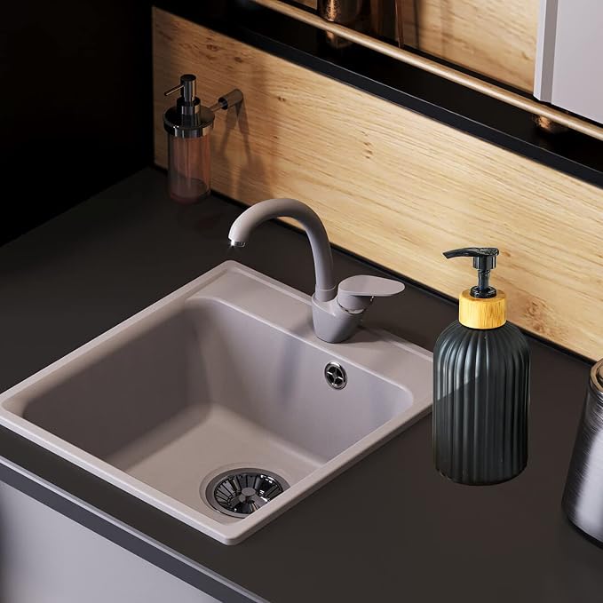 YYTSGG Black Glass Soap Dispenser Set with Bamboo Pump, 13.5oz, 2 Pack | Refillable Liquid Hand Soap Dispenser, Lotion Dish Soap Dispenser for Modern Home Decor, Bathroom, Kitchen Countertop, Hotel