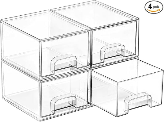 Vtopmart 4 Pack Small Clear Stackable Storage Drawers for Desk, Countertop | Bathroom Makeup Accessories Organizer, Plastic Bins For Desk, Vanity, Undersink, Medicine Cabinet ,Home Organization