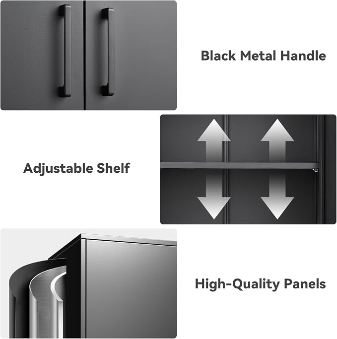 Metal Wall Cabinet,Garage Cabinet with Handle,Lockable Storage Cabinets Wall Mounted with 2 Doors,Locking Cabinet with Shelves for Basement,Office,Living Home,Black