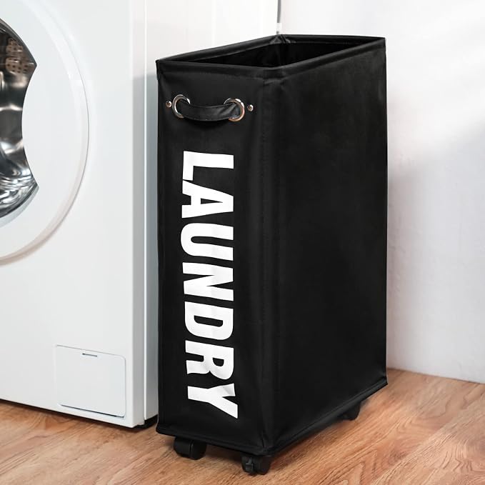 DOKEHOM 25" Slim Rolling Laundry Basket Hamper, Narrow on Wheels, Black | Collapsible narrow laundry hamper with mesh drawstring closure. Foldable corner clothes storage bin for small spaces