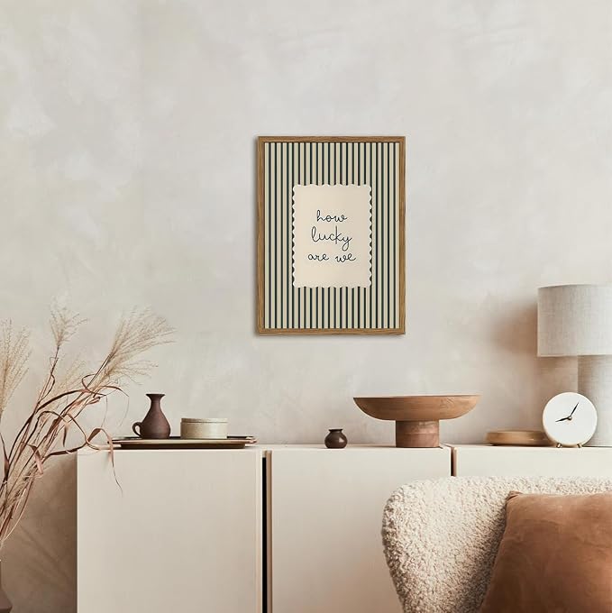 How Lucky Are We Wall Art Trendy Green Striped Quote Sign Wall Decor Picture Preppy Inspirational Poster Canvas Painting Print for Living Room Bedroom Dorm 24x16 Inch Wood Framed