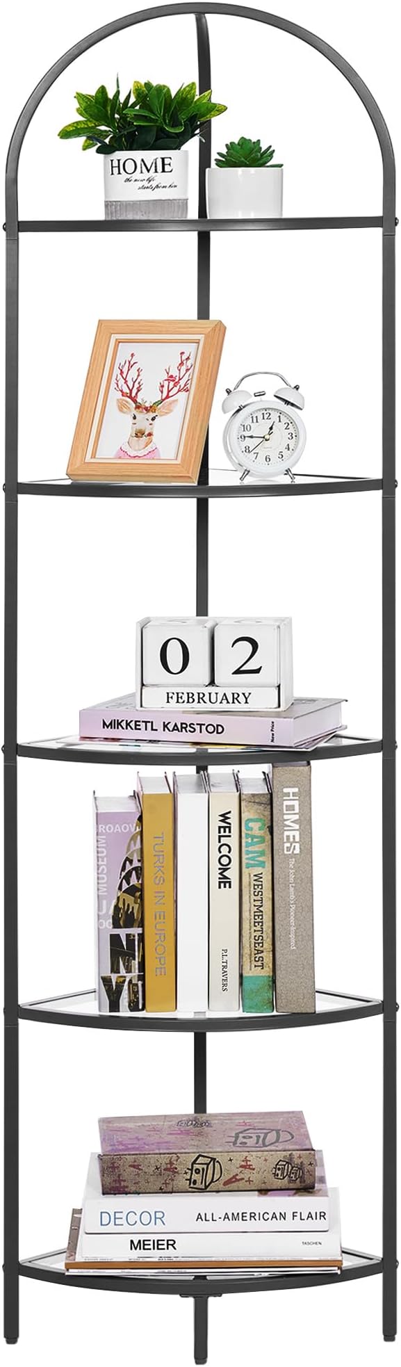 Homhedy 5-Tier Glass Corner Shelf Stand, Metal Corner Bookshelf | Display Shelf, Tempered Glass Shelves, Plant Stand, Storage Rack Shelf for Bedroom, Living Room, Home, Office, Black