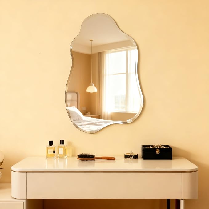 Cloud Shaped Frameless Wall Mirror,20x28 Inch,Beveled Edge Vanity Mirror | Beveled Edge Design Perfect for Vanity Bedroom Entryway Unique Cloud Shape Easy Wall Mount