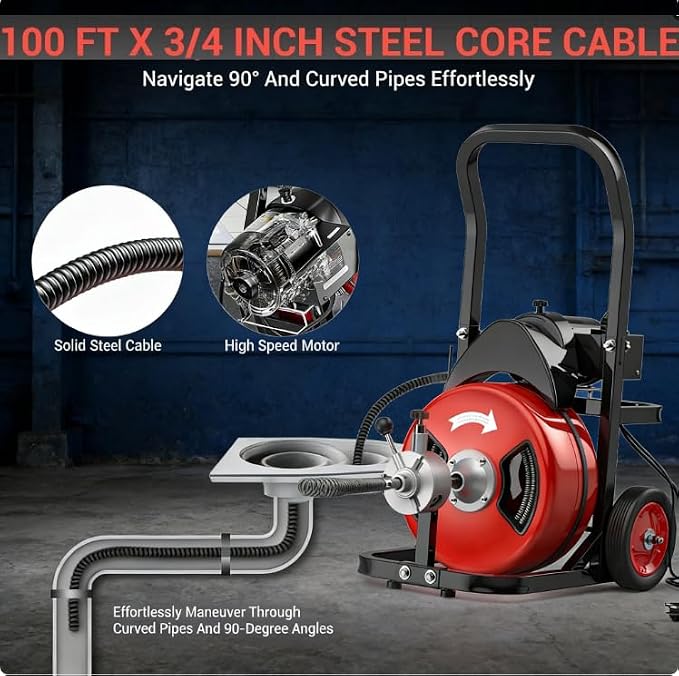 100Ft 3/4 Inch Drain Cleaning Machine. Sewer Snake 750w Auto Feed | Portable Drain Cleaning Machine with 6 Cutter Electric Drain Auger Sewer Auger Air-Activated Foot Switch for 4" to 8" Pipes