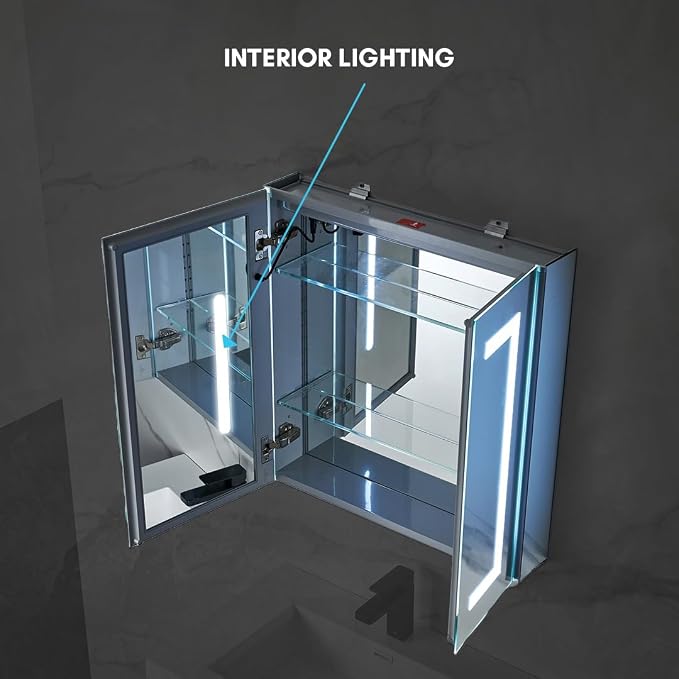 Blossom LED Medicine Cabinet Mirror for Bathroom 25x26 Inch, Recessed/Surface Mounted Lighted Medicine Cabinet with Mirror, Defogger, 3-Color Dimmer, Wall Mounted Storage Cabinet