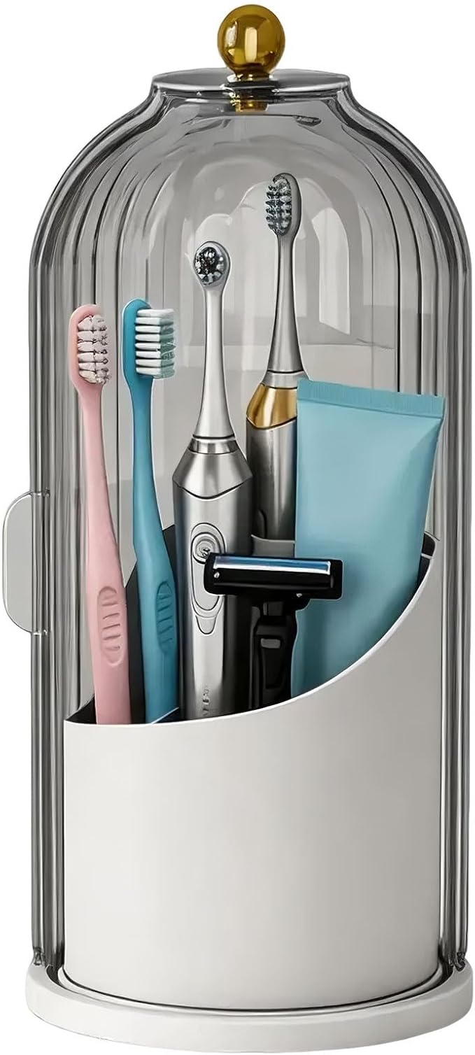JEESA Dustproof Toothbrush Holder with Cover, Grey/White | 360° Rotating, 180° Sliding Lid, 3 Slots, Toothbrush Organizer, for Bathroom Countertop