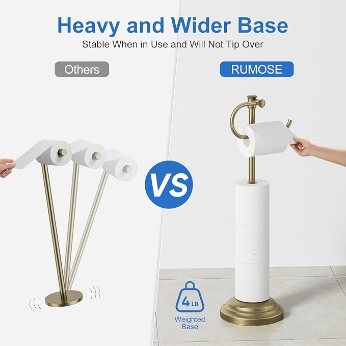 RUMOSE Toilet Paper Holder Stand for Floor Free Standing, Antique Brass | Bathroom Freestanding Toilet Tissue Roll Holder with Storage, Adjustable 17-25 Inch, Rustproof, SUS304 Stainless Steel