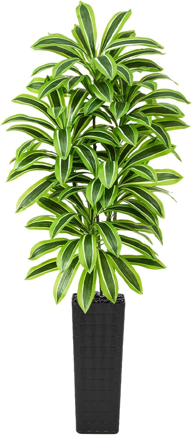 Artificial Yellow Dracaena Tree Indoor, 7FT Tall Fake Floor Plants with Black Planter & Pebbles, Faux Silk Yucca Tree for Home Office Living Room Bedroom Farmhouse Modern Outdoor Topiary Tree