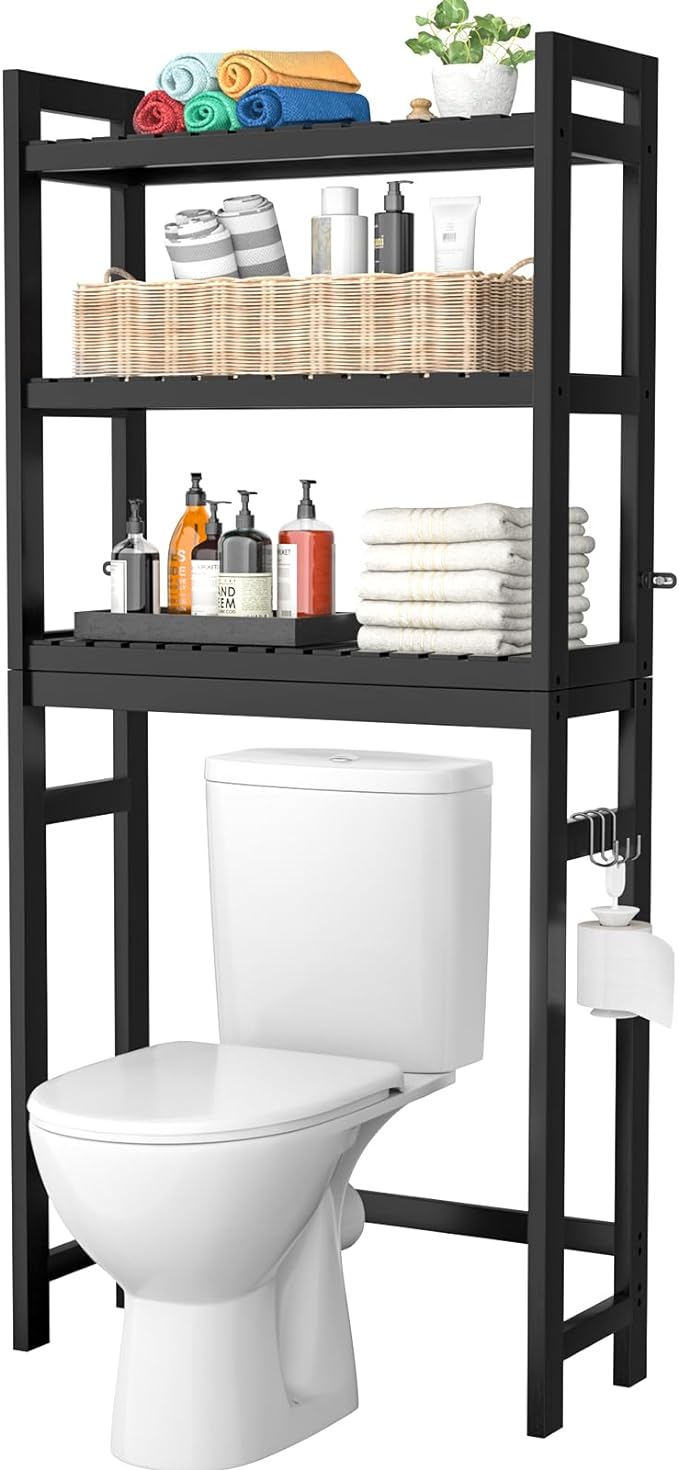 Bamboo Over The Toilet Storage Shelf, 3-Tier Above Toilet Storage Organizer Rack with 3 Hooks, Freestanding Bathroom Tower Shelf Unit for Small Space, No Rust, Easy to Assemble, Black