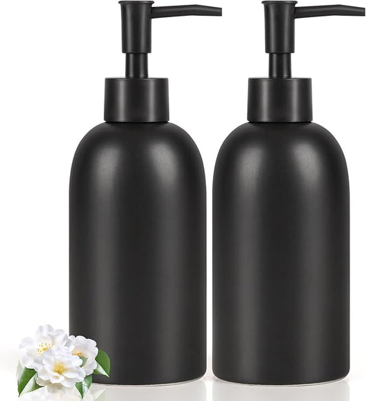 Natheeph Soap Dispenser Fill Dish Soap Hand Soap for Bathroom (2PC Black) | 14OZ, Great for Bathroom/Kitchen Sink, Ceramic Soap Pump Dispenser, Refillable Shampoo, Detergent, Lotion, Shower Gel
