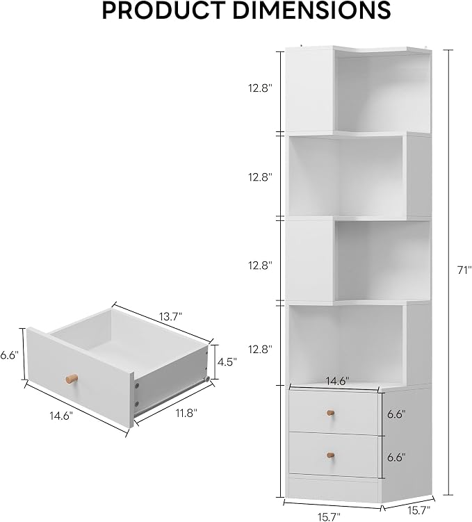 IRONCK Corner Bookshelf, 70.87" Tall Corner Bookcase with Drawers, White | 90° design saves space. 110 lb capacity. Corner Shelf Storage Display Rack for Living Room Home Office