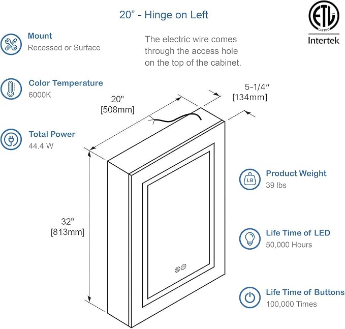 Blossom LED Lighted Bathroom Medicine Cabinet Mirror, Left Hinge, 20x32 | Bathroom Storage Cabinet, Medicine Cabinets Organizer, Vanity Mirror with Storage, Recessed/Surface Mount, Adjustable Shelves