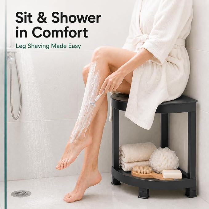 CROWNFURN Shower Foot Rest, HIPS Waterproof Shower Stool for Inside Shower, Corner Shower Bench for Shaving Legs with Baffle Storage Shelf for Small Space, Rapid Assembly DIY Combination Shelf (Black)