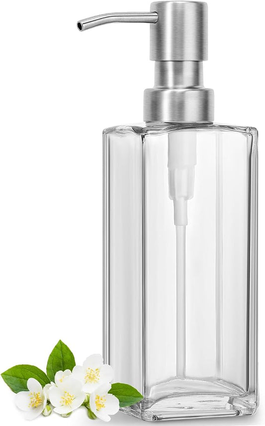 GMISUN Glass Soap Dispenser with Stainless Steel Pump, Clear Hand Soap Dispenser for Bathroom, 12 fl oz/350ml Dish Dispensers for Kitchen, Modern Refillable Liquid Soap Lotion Bottle for Countertop