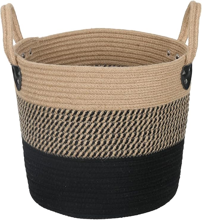 ZOES HOMEWARE Natural Woven Basket with Handles,Jute Rope 14"x12" Black | Large Blanket Basket for Living Room, Decorative Storage for Faux Olive Tree, Toys, Shoes & Throws, Boho Floor Basket Decor