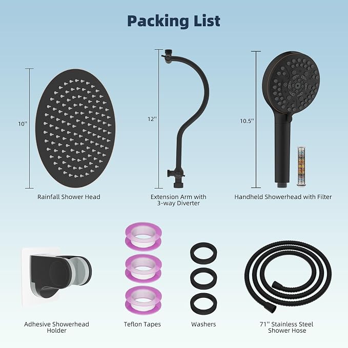 Hibbent All Metal Shower Head, 10'' High Pressure Rainfall Shower Head, Handheld Showerhead Combo with 12'' Adjustable Extension Arm, 10-Spray, 71'' Hose, Shower Holder, Oil Rubbed Bronze