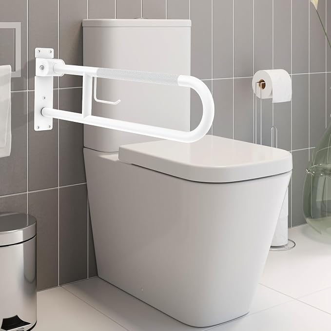 Toilet Grab Bar 32 Inch, YuanDe White Anti-Slip Support Rail | U Shaped Flip-Up Grab Bar with Paper Holder, Stainless Steel Knurled Handicap Safety Handrails for Disabled Elderly Pregnant