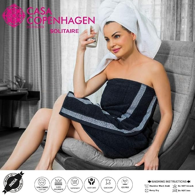 CASA COPENHAGEN Solitaire 6 Pieces Towel Set- Black, 600 GSM 2 Bath Towel 2 Hand Towel 2 Washcloth, Designed in Denmark Made of Soft Egyptian Cotton for Bathroom, Kitchen & Shower