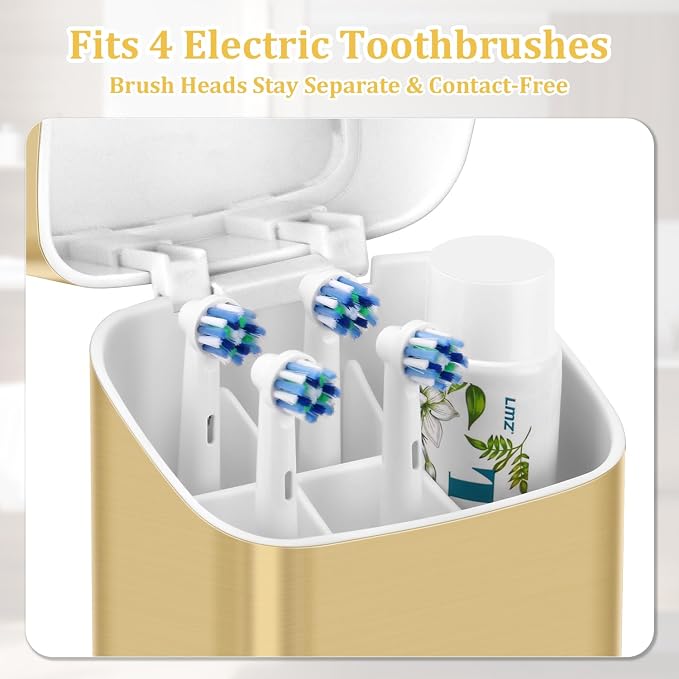 GFWARE Gold Electric Toothbrush Holder with Cover, Ventilated & Drainage | Detachable 5 Slots Bathroom Organizer for Toothbrush & Toothpaste, Waterproof & Dustproof, Electric Toothbrushes Under 10 In