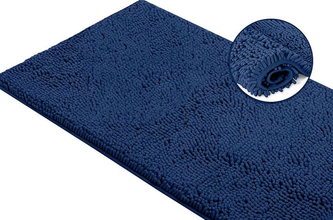 LuxUrux Ultra-Soft Chenille Bath Mat - Plush Microfiber Bathroom Rug, Super Absorbent & Quick-Dry, Cozy Shaggy Design, Machine Washable (24 x 36 inches, Blue)